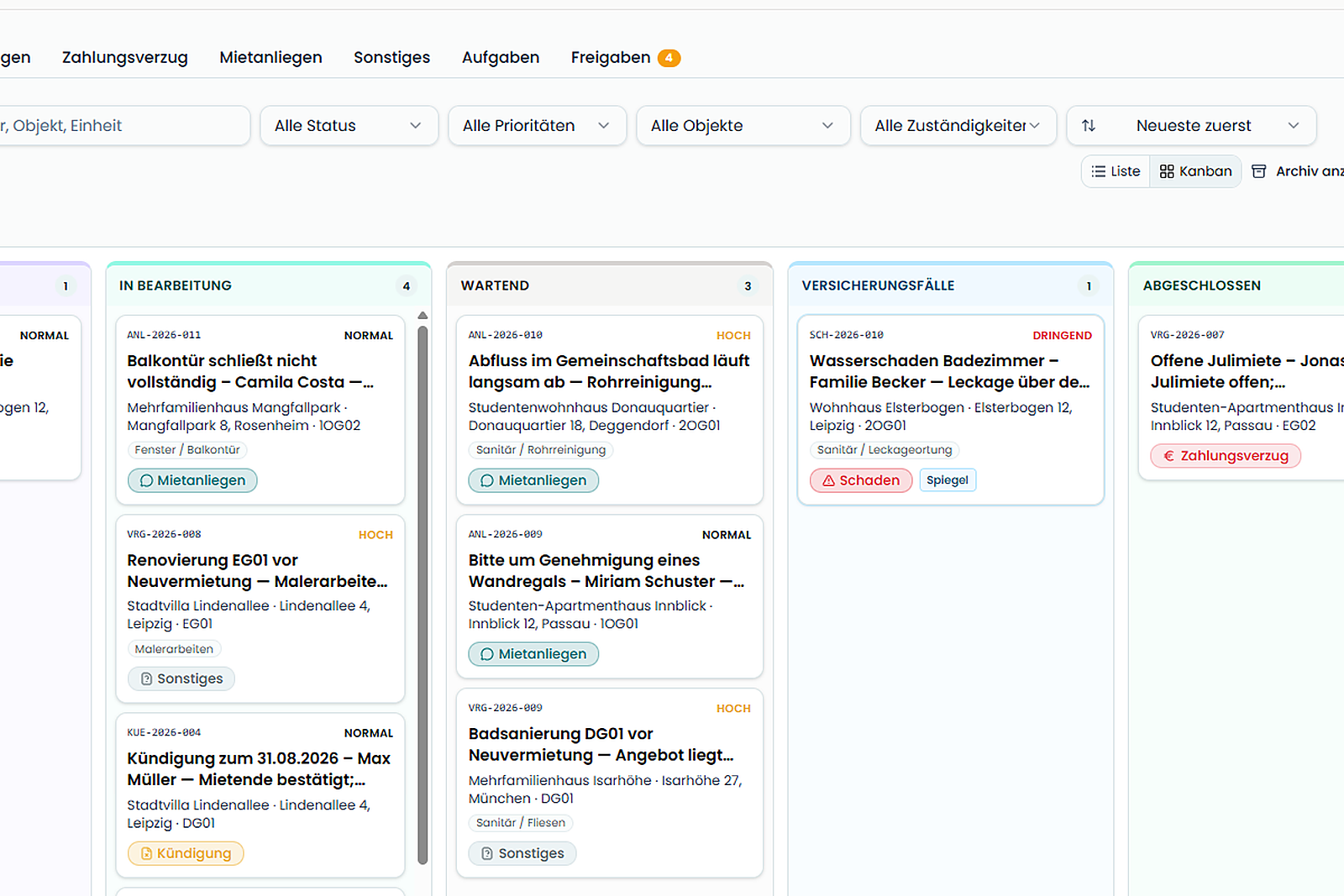 BestandsCockpit Vorgänge Dashboard mit strukturierten Prozessstatus