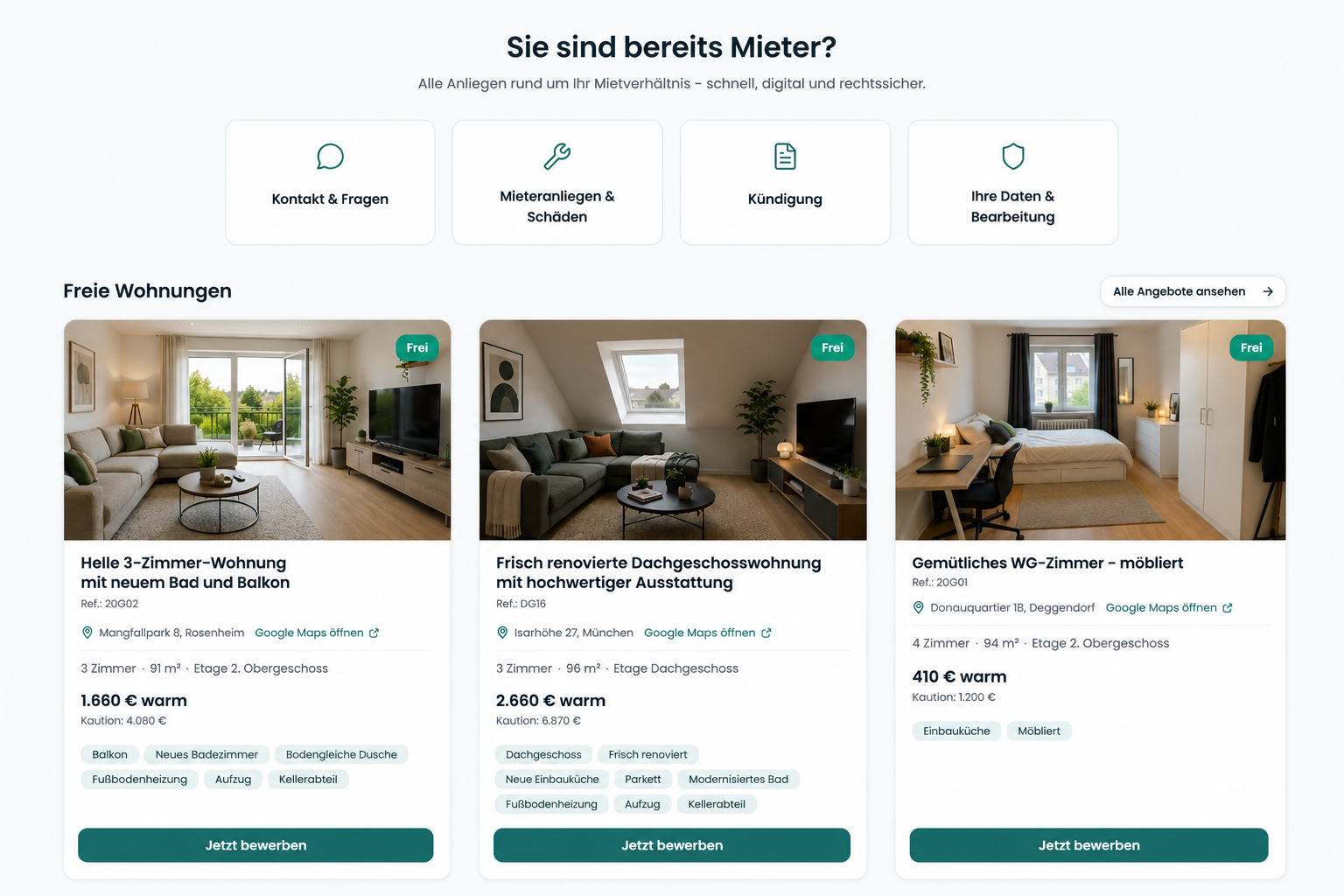Übersicht einer Bestandsseite mit freien Wohnungen