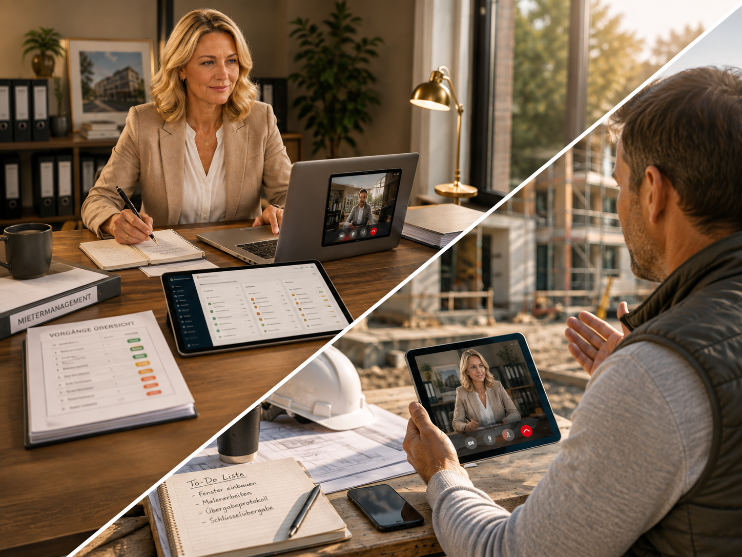 Geteilte Szene aus Büro und Baustelle: Virtuelle Zusammenarbeit zwischen Immobilienassistenz und Handwerker per Videoanruf, mit Mietermanagement-Dashboard und To-Do-Liste