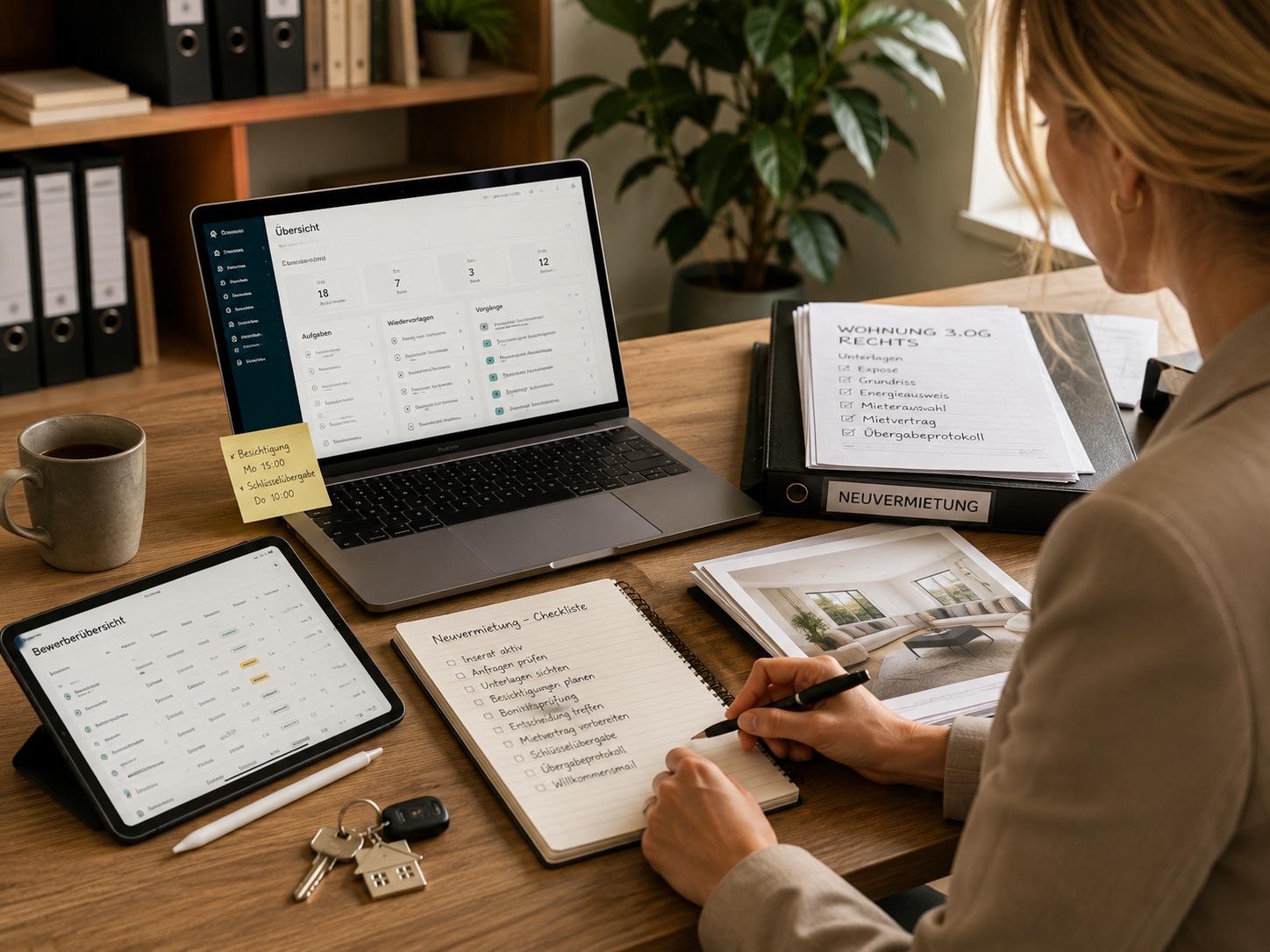 Arbeitsplatz mit Laptop, Tablet und Neuvermietung-Checkliste für die strukturierte Vorbereitung einer Vermietung
