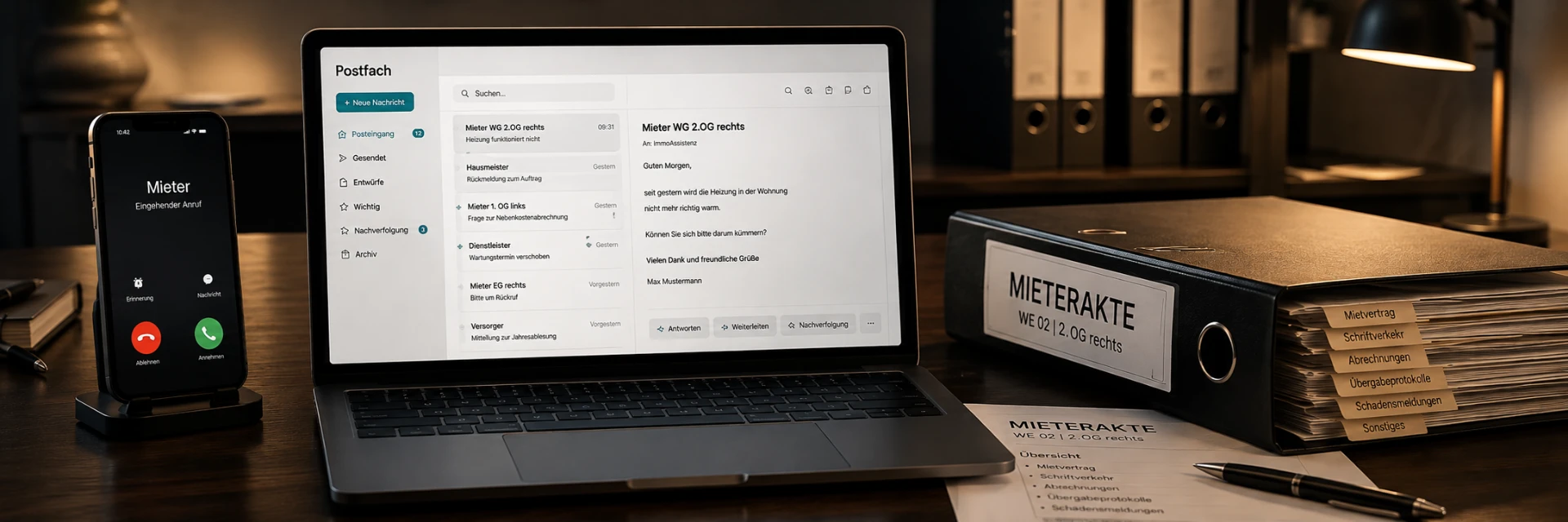 Schreibtisch mit Postfach am Laptop, Telefon und Mieterakte